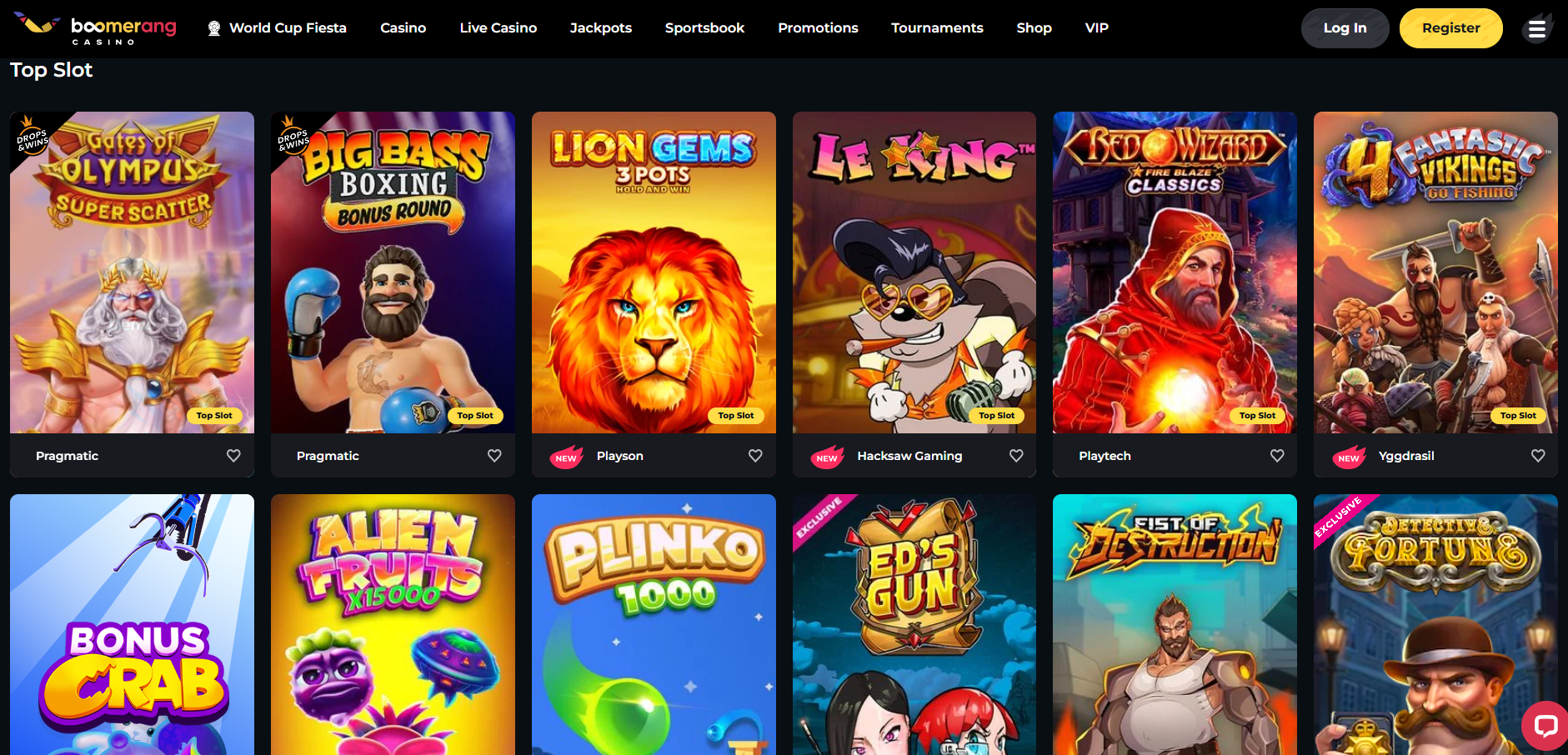 Boomerang Casino homepage overview