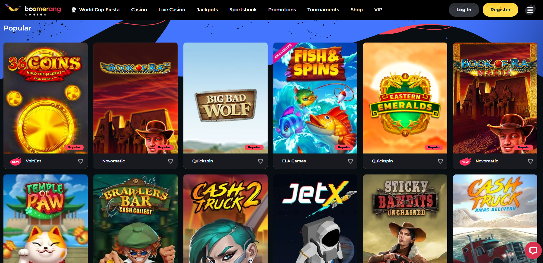 Boomerang Casino slots library and game selection